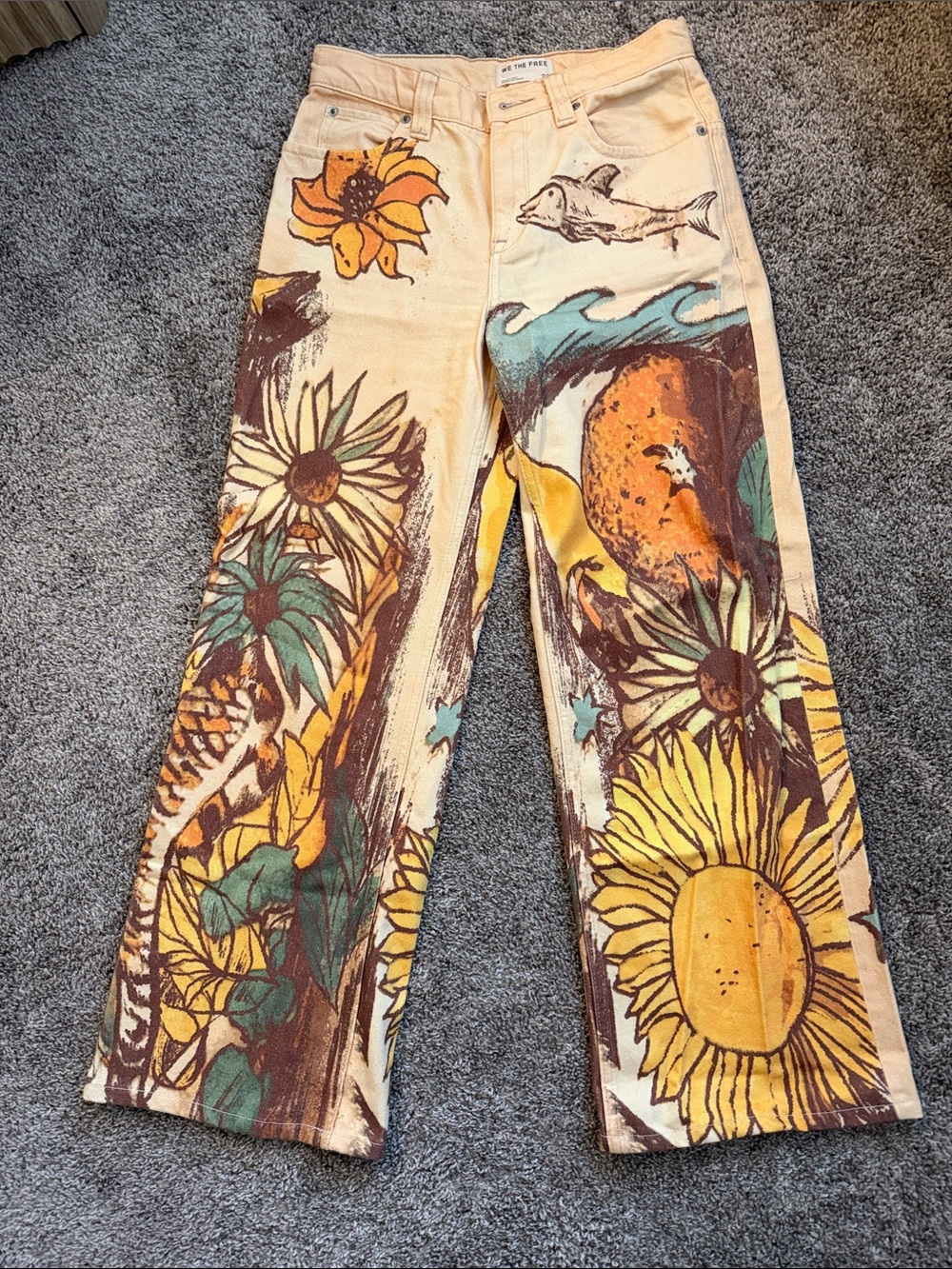 We The Free Painted Sunflower & Ocean Graphic Jeans - Yellow/Brown/Teal